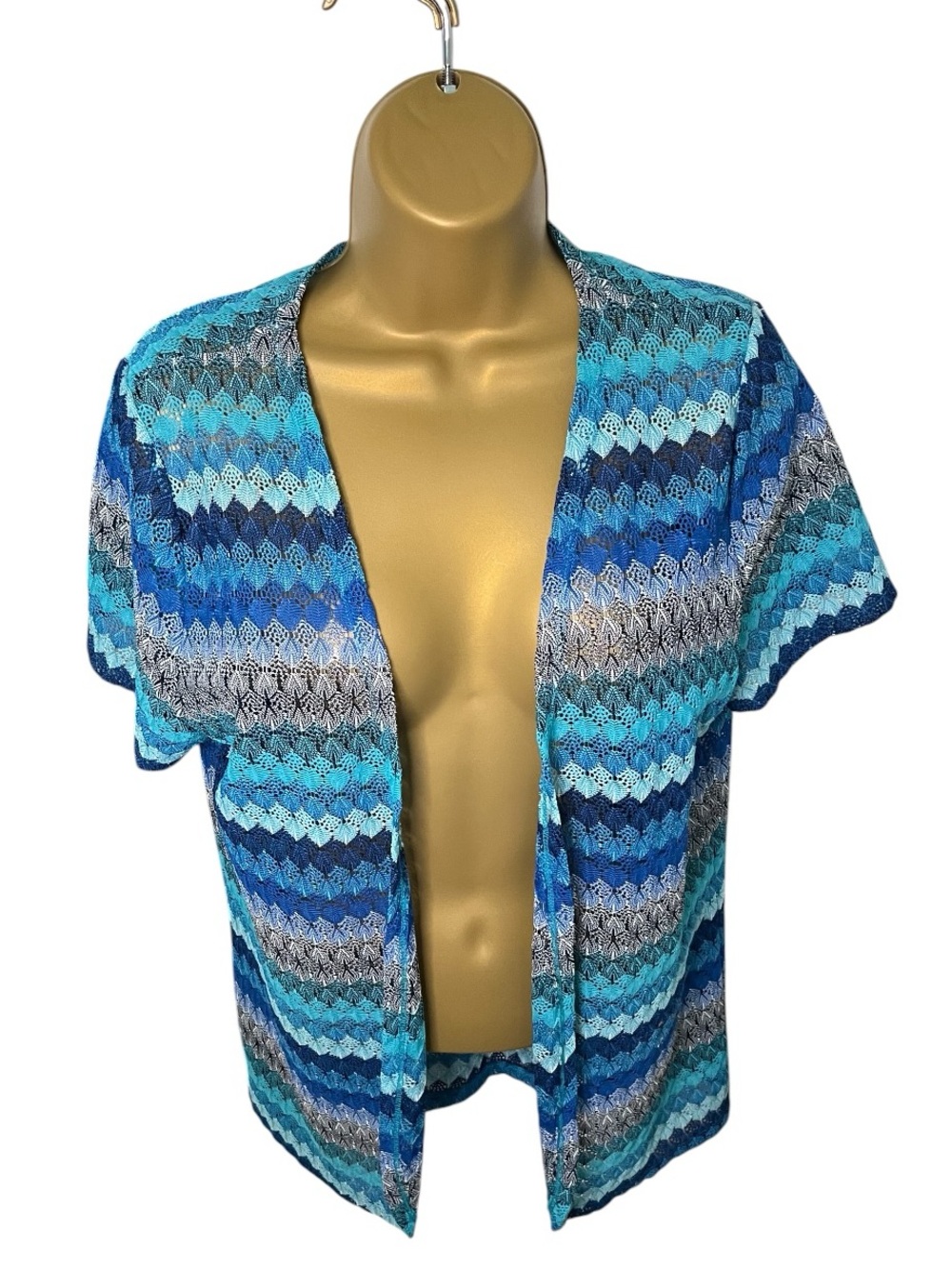 Kim Rogers Open Front Cardigan Lace Sheer Striped Blue M